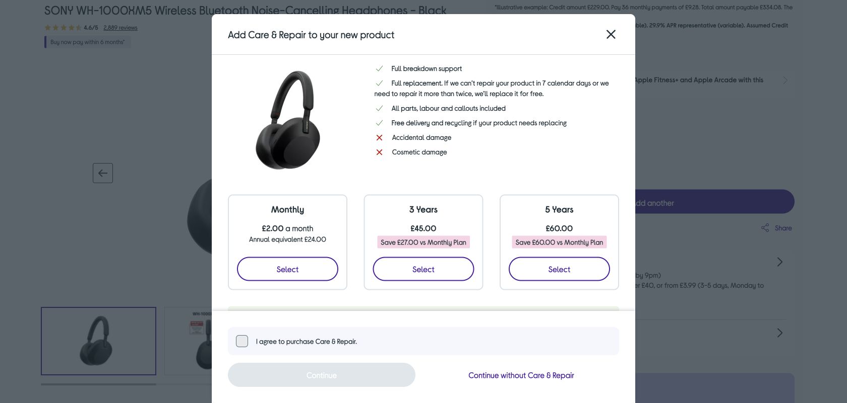 Currys Care and Repair interruption showing paid protection plans and a continue without cover option
