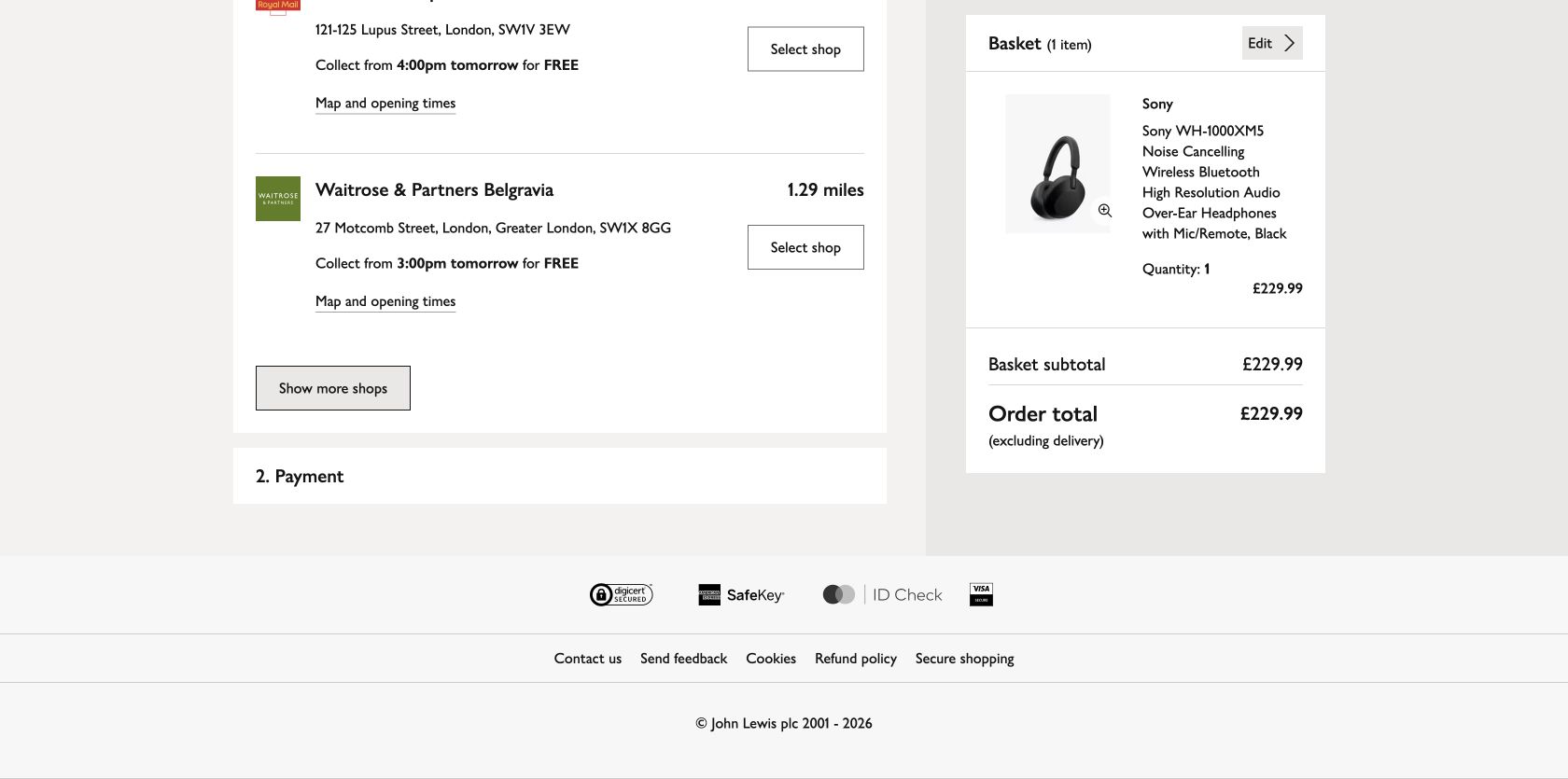 John Lewis collection results near SW1A 2AA showing London locations, distances and collection times
