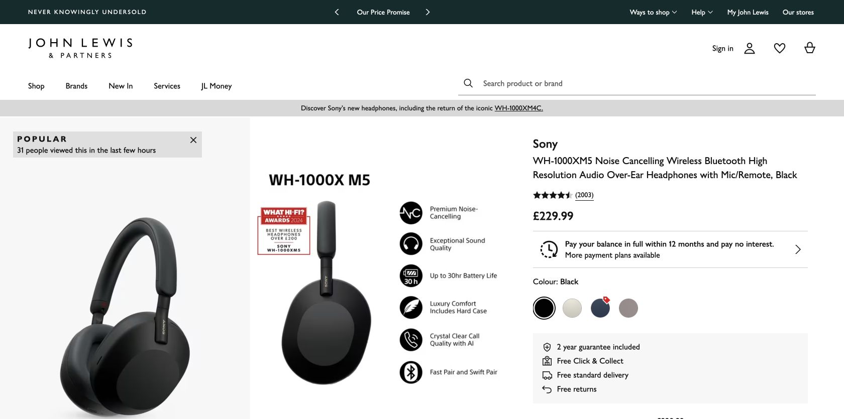 John Lewis Sony WH-1000XM5 product page showing the black headphones, price and delivery choices
