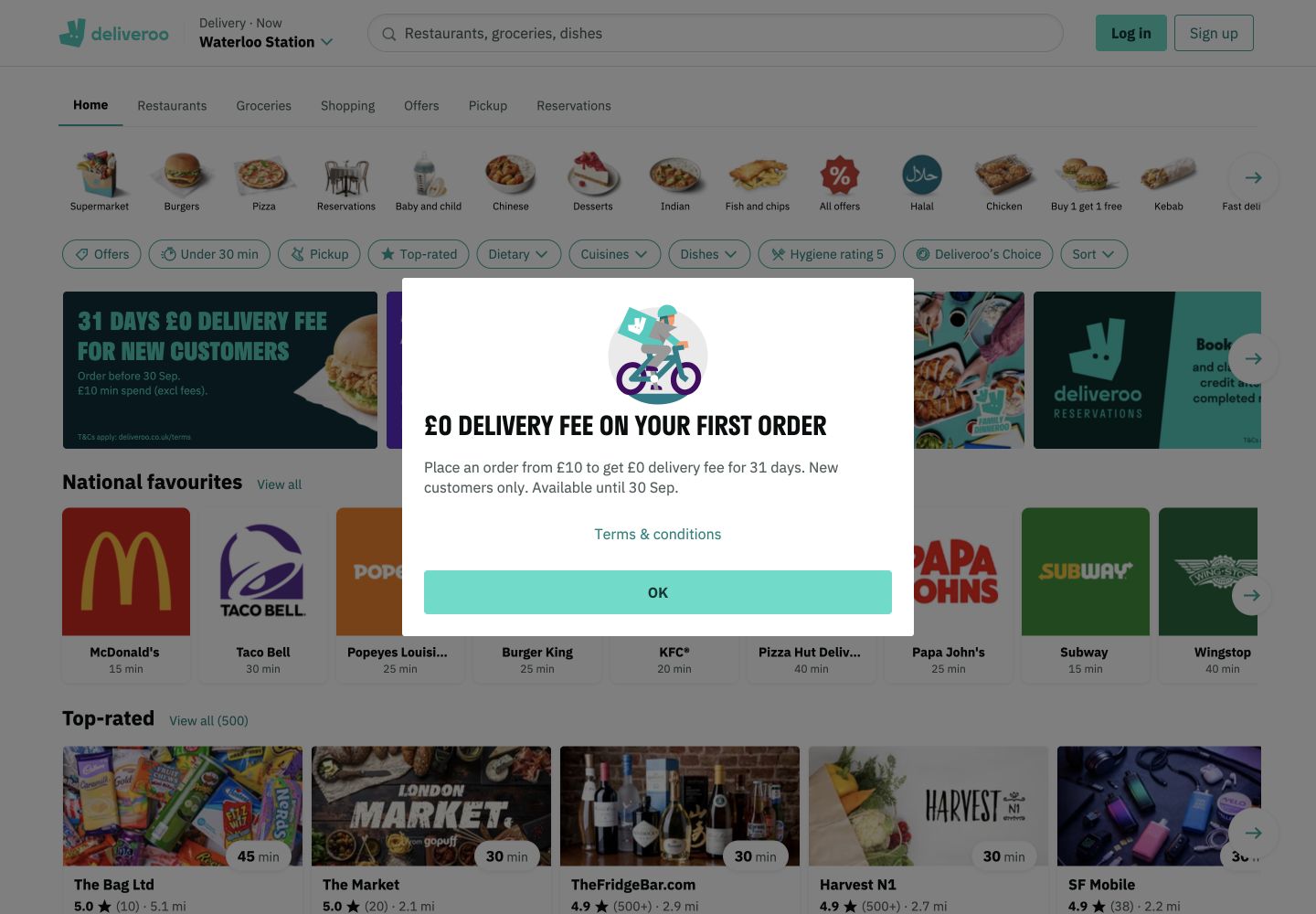 Deliveroo Waterloo Station restaurant results with category filters and national favourites
