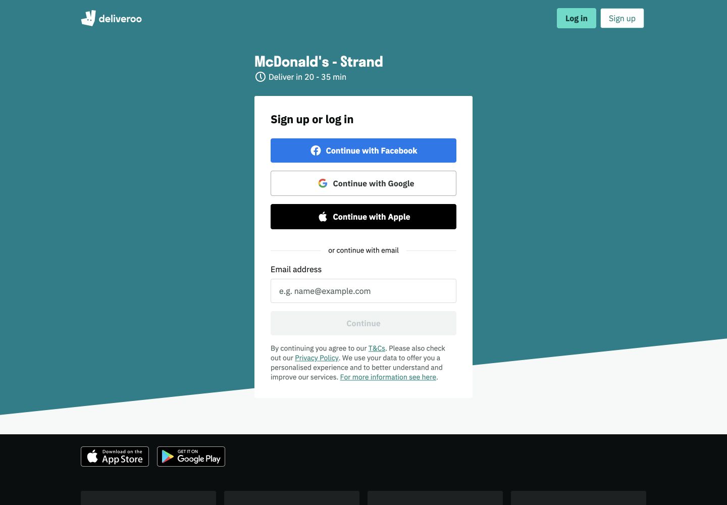 Deliveroo sign-up or login page offering social providers and email