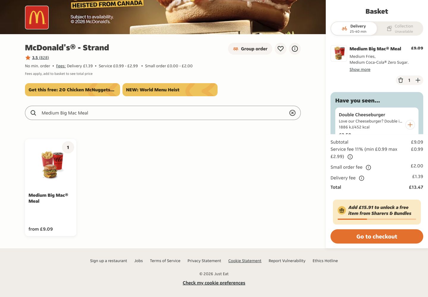 Just Eat basket showing the Medium Big Mac Meal, item choices, fees and £13.47 total