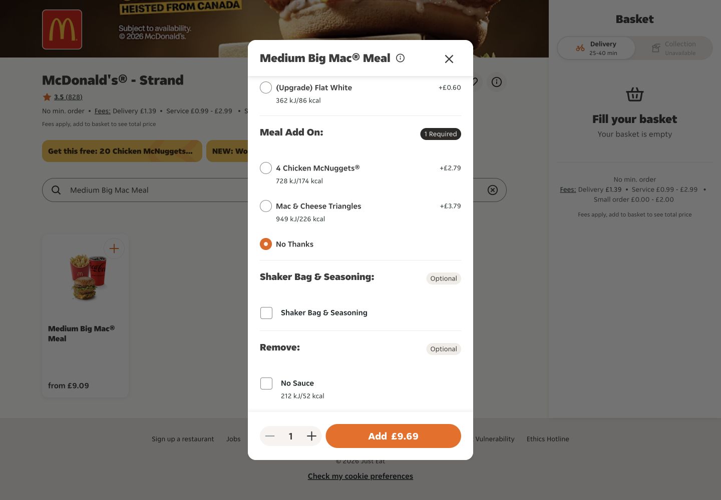 Just Eat meal customisation modal with required and optional groups and an Add button