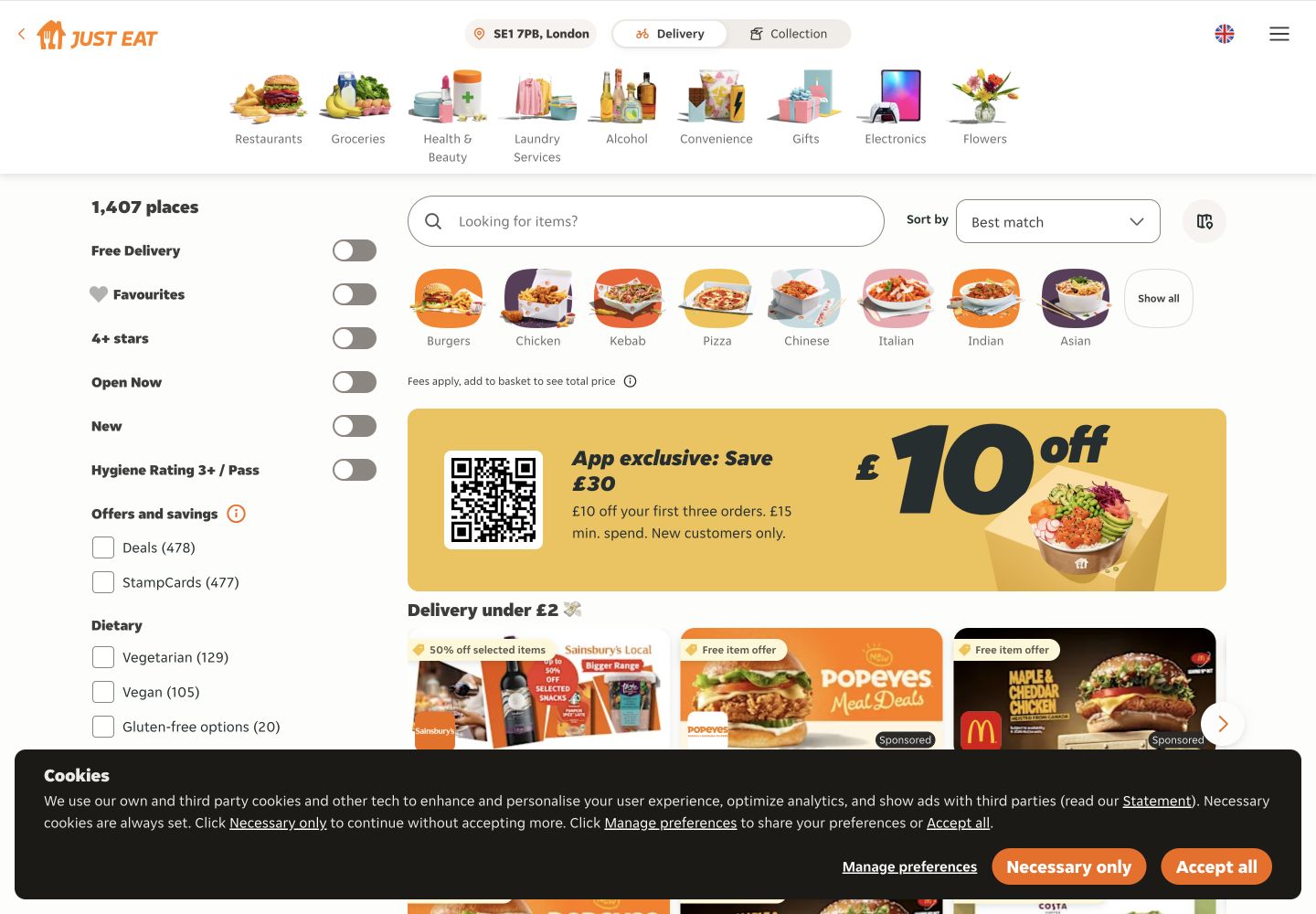 Just Eat SE1 restaurant results showing Sponsored labels, delivery estimates and delivery fees