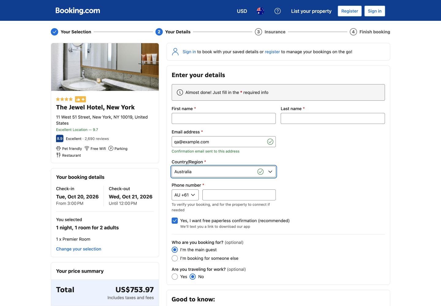 Booking.com guest-details step showing the exact total, tax and fee breakdown and refundable damage deposit