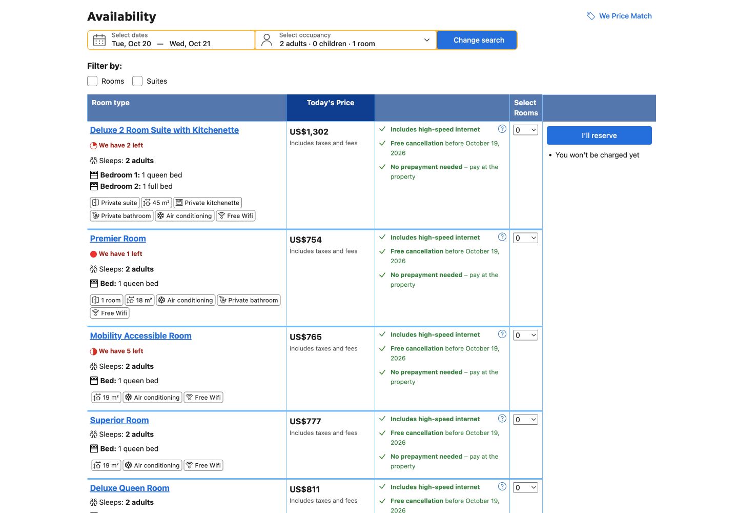 Booking.com availability table for The Jewel Hotel NY showing room type, total price, free-cancellation deadline and pay-at-property terms