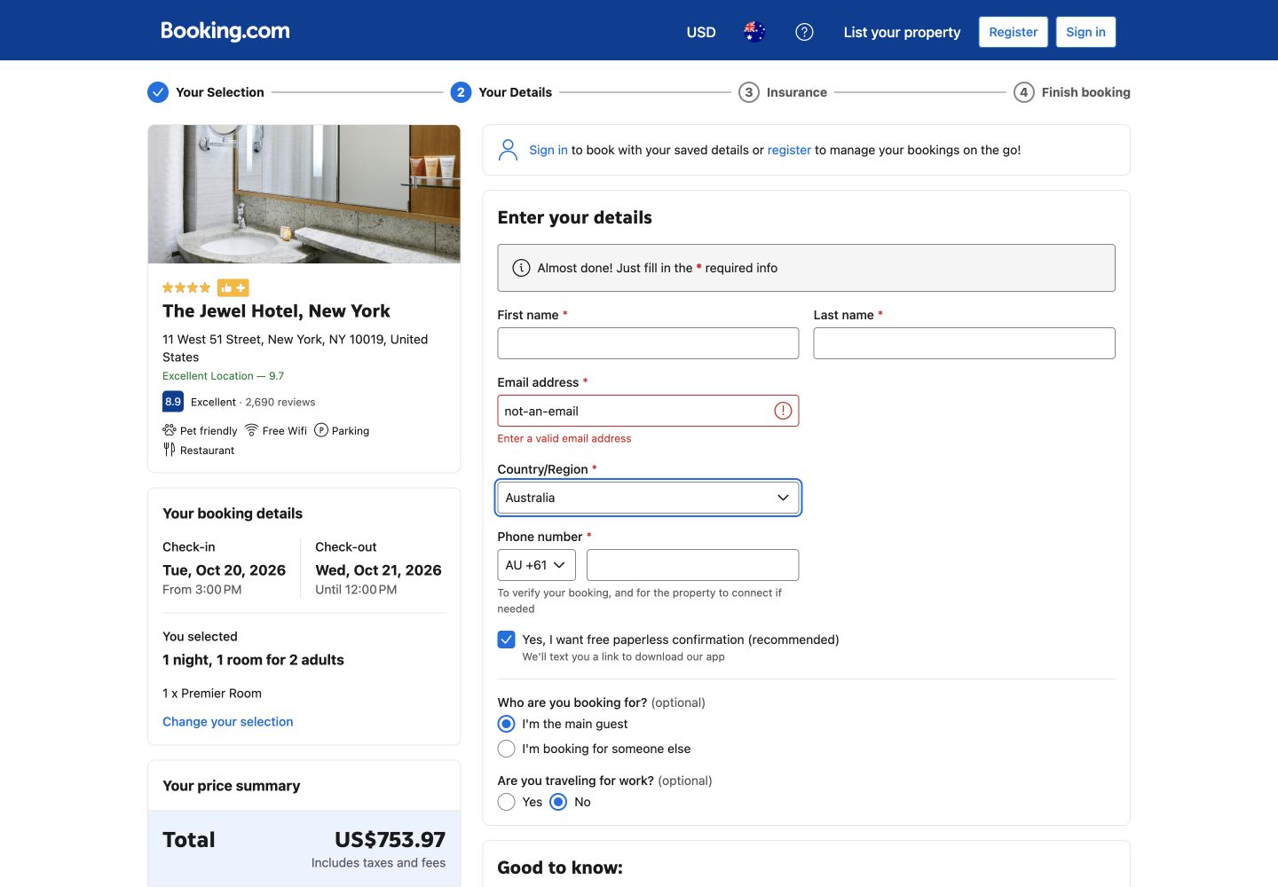 Booking.com guest-details form showing an inline error after a malformed email address was entered