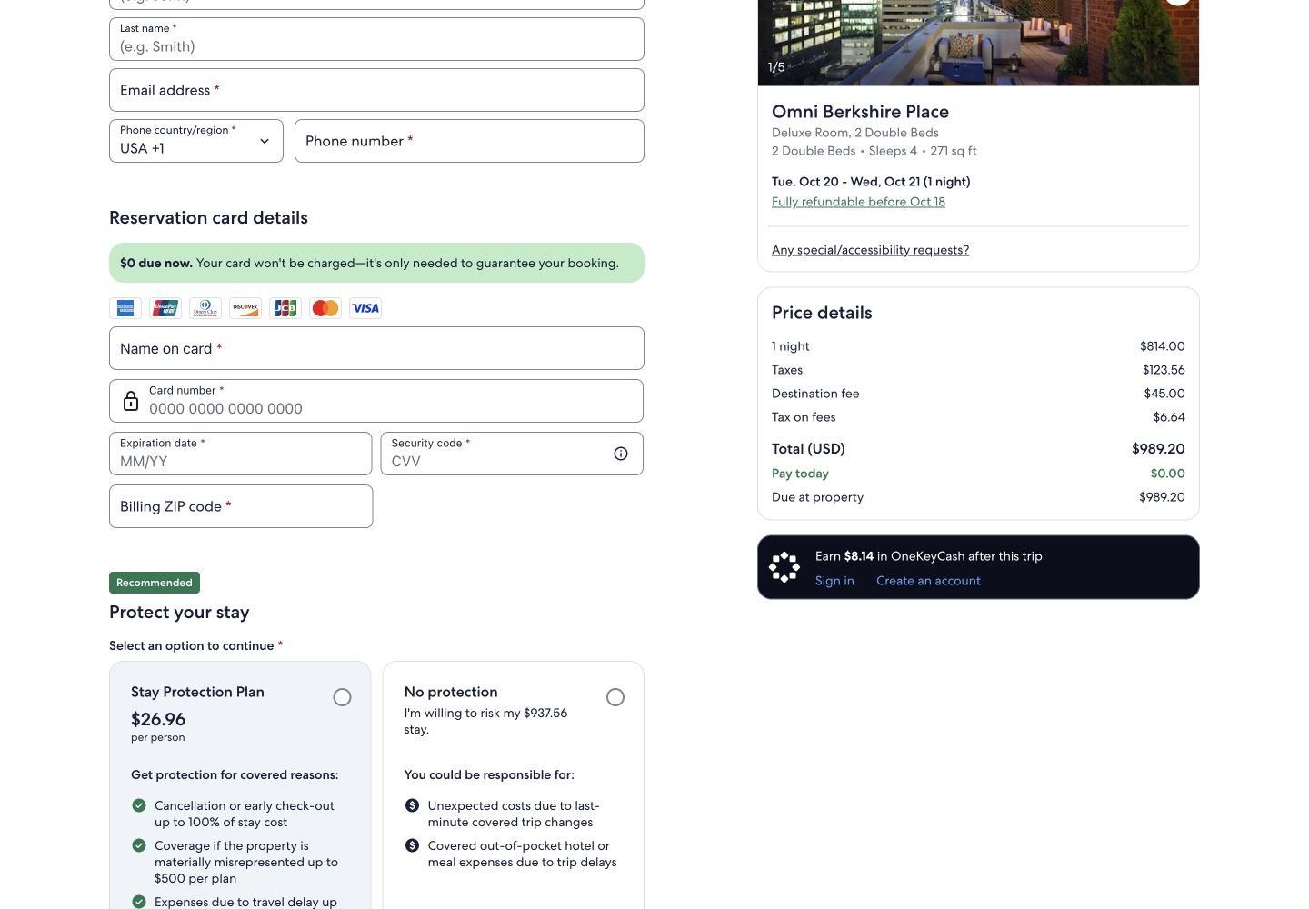 Expedia checkout for Omni Berkshire Place showing the room price, taxes, destination fee, total and zero dollars due today