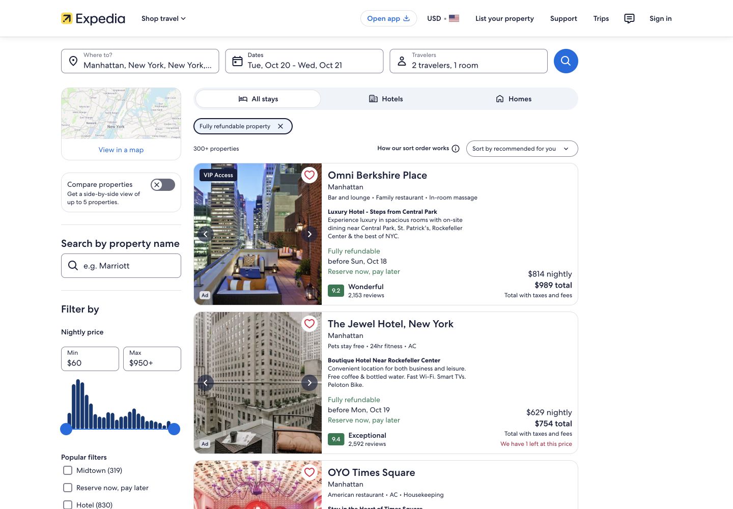Expedia Manhattan hotel results with the fully refundable filter applied and prices shown on property cards