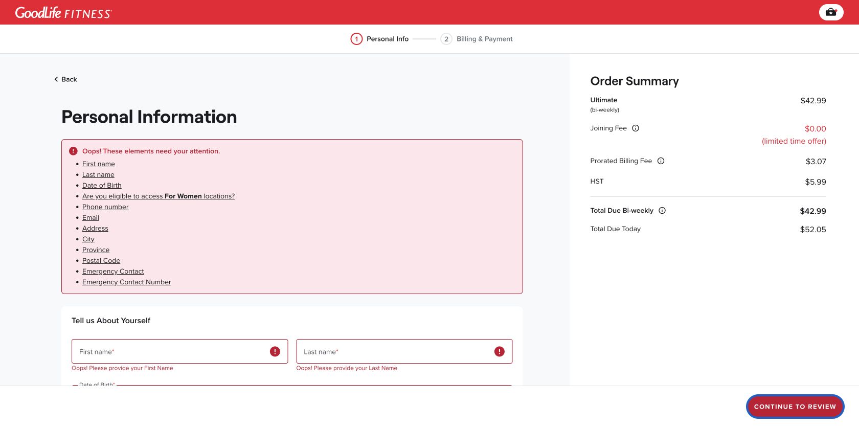 GoodLife personal information page showing inline errors and an order summary with $52.05 due today