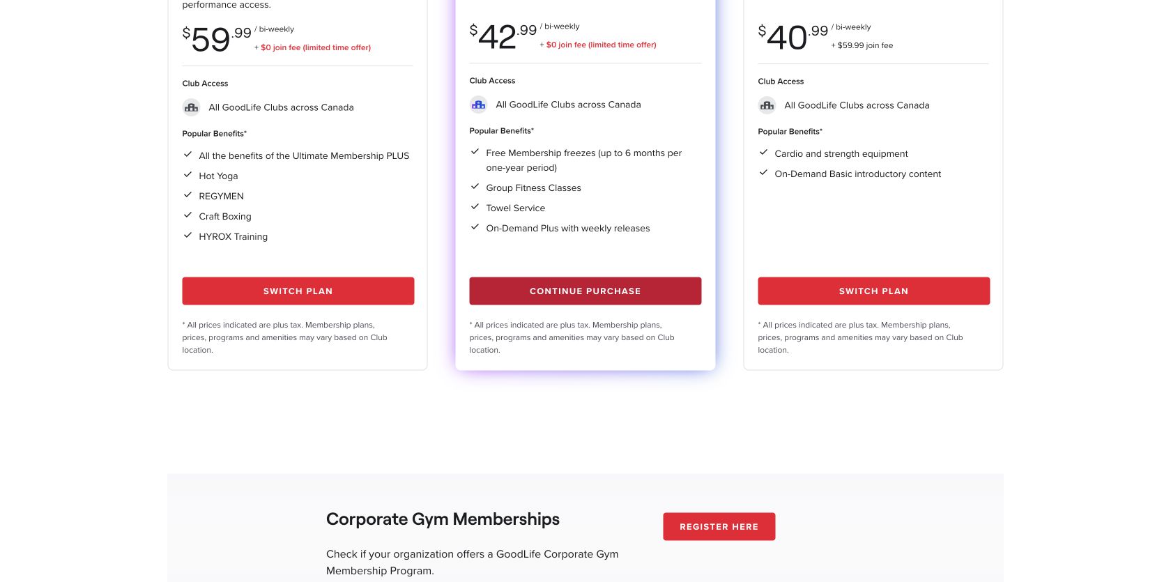 GoodLife Toronto plan cards showing Performance, Ultimate and Premium biweekly prices and benefits