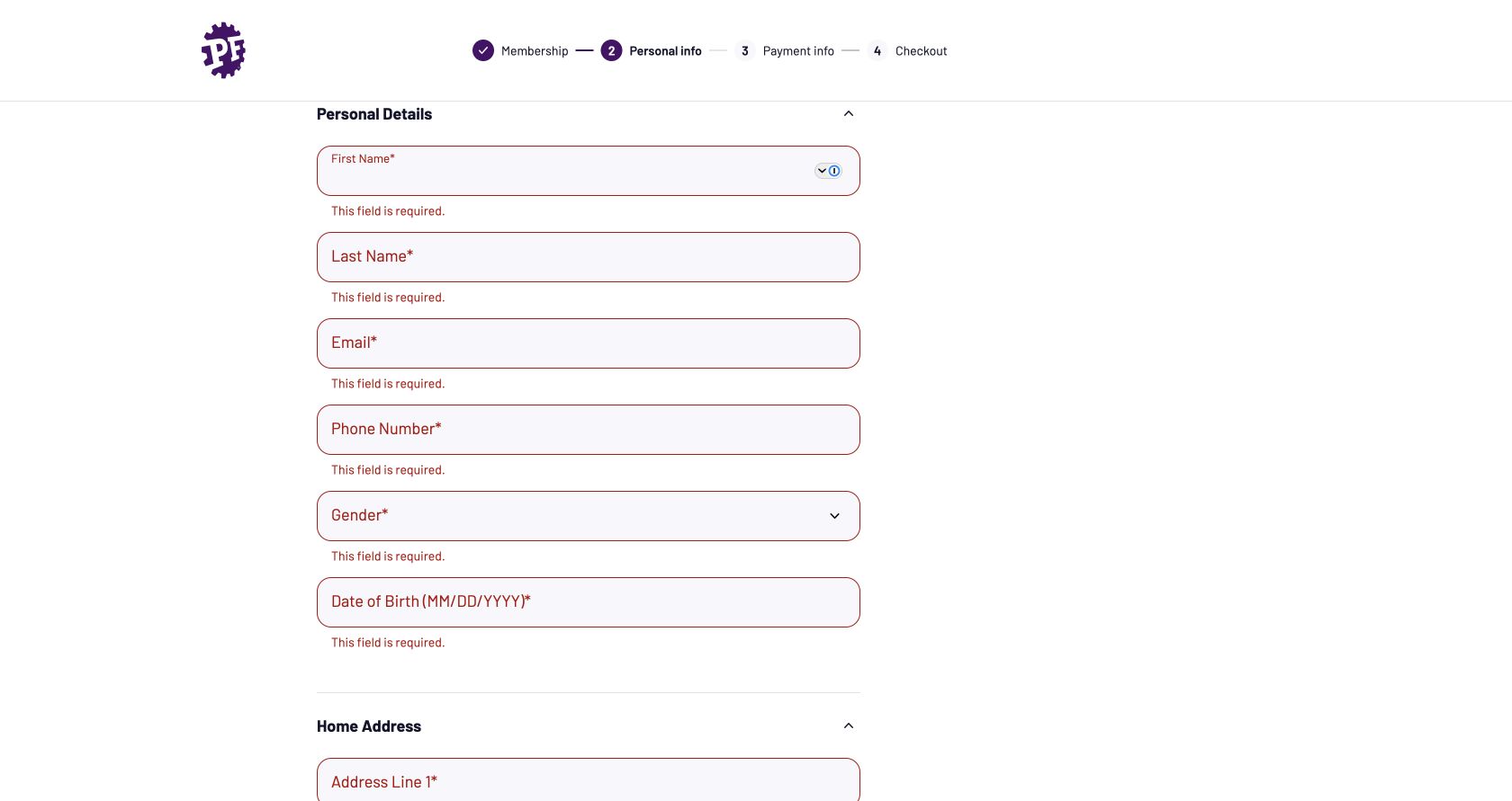 Planet Fitness personal information form showing required-field messages and focus on First Name