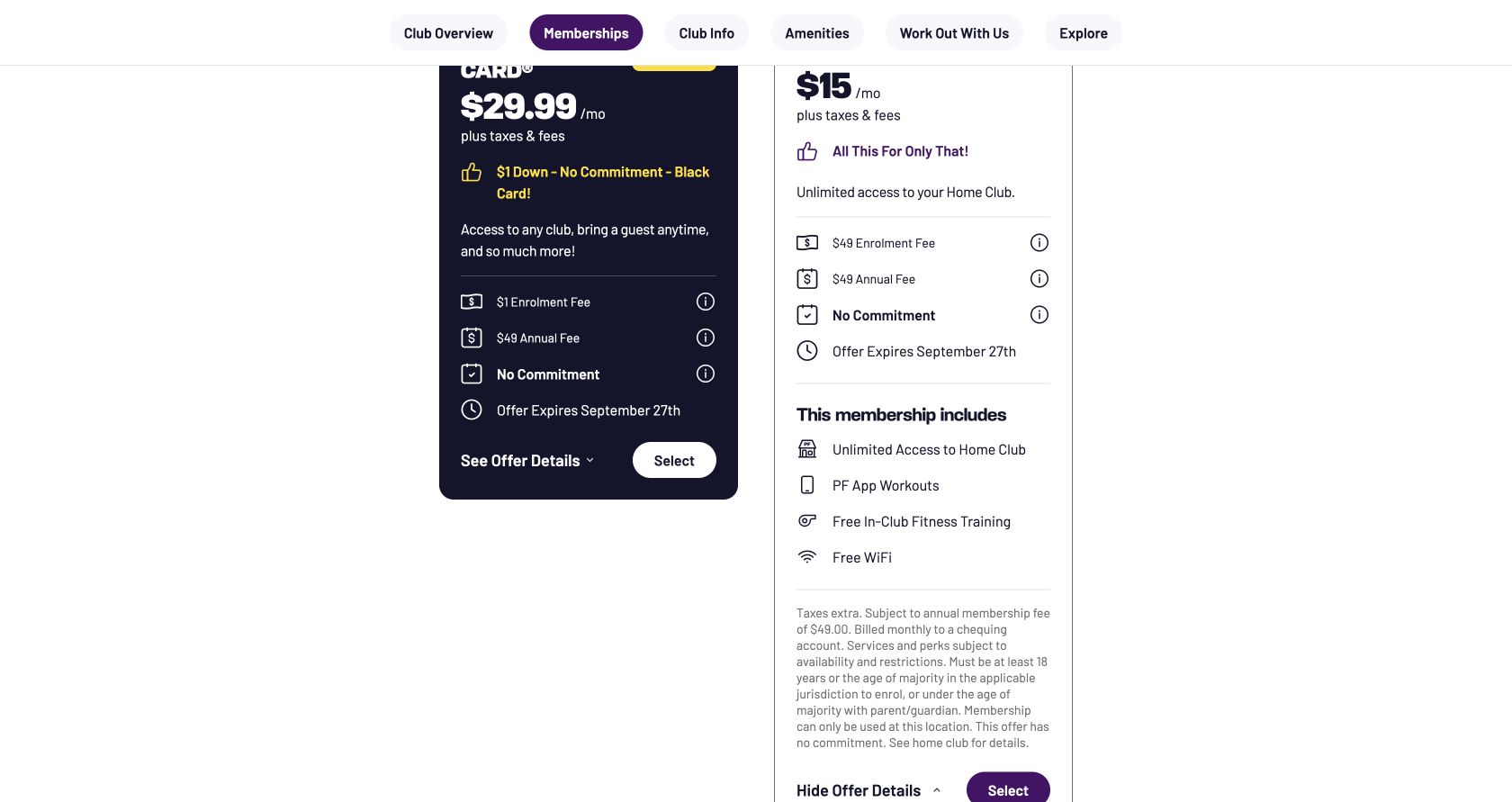 Planet Fitness Toronto College Park membership cards showing Black Card and Classic prices, fees and benefits