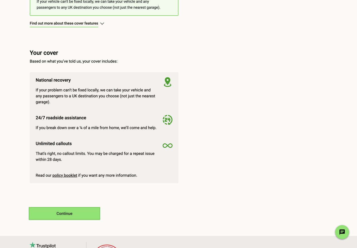 Green Flag cover summary listing National recovery, roadside assistance and unlimited callouts
