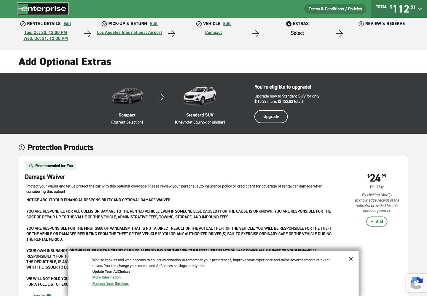 Enterprise optional-extras page with a $112.51 total, upgrade offer and damage waiver