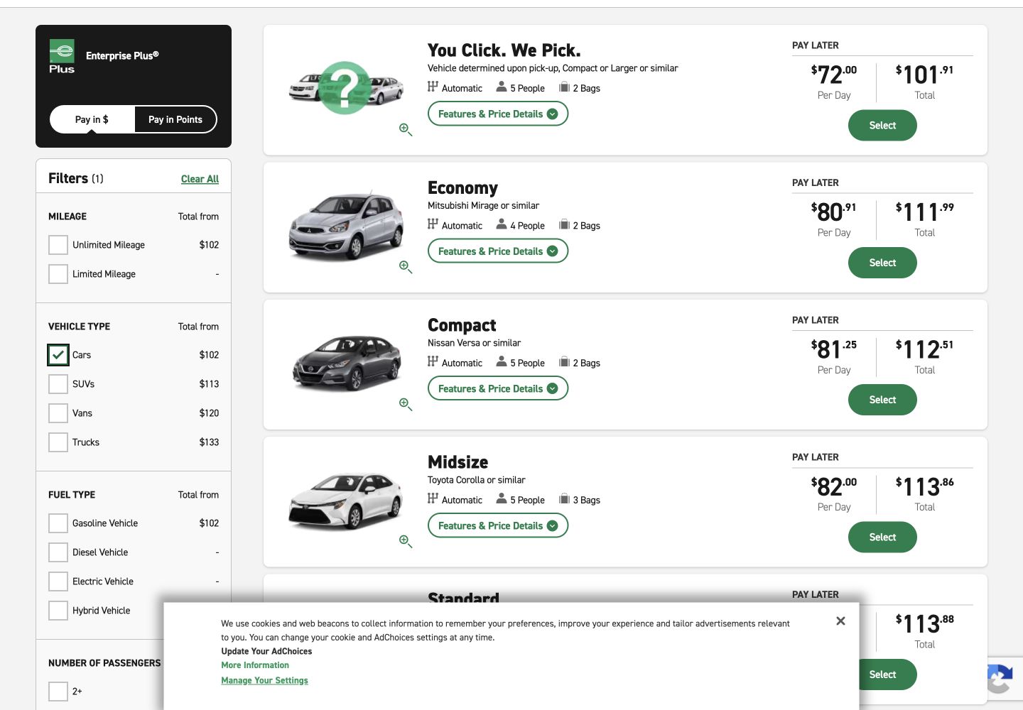 Enterprise LAX results showing economy and compact vehicles with daily rates and estimated totals