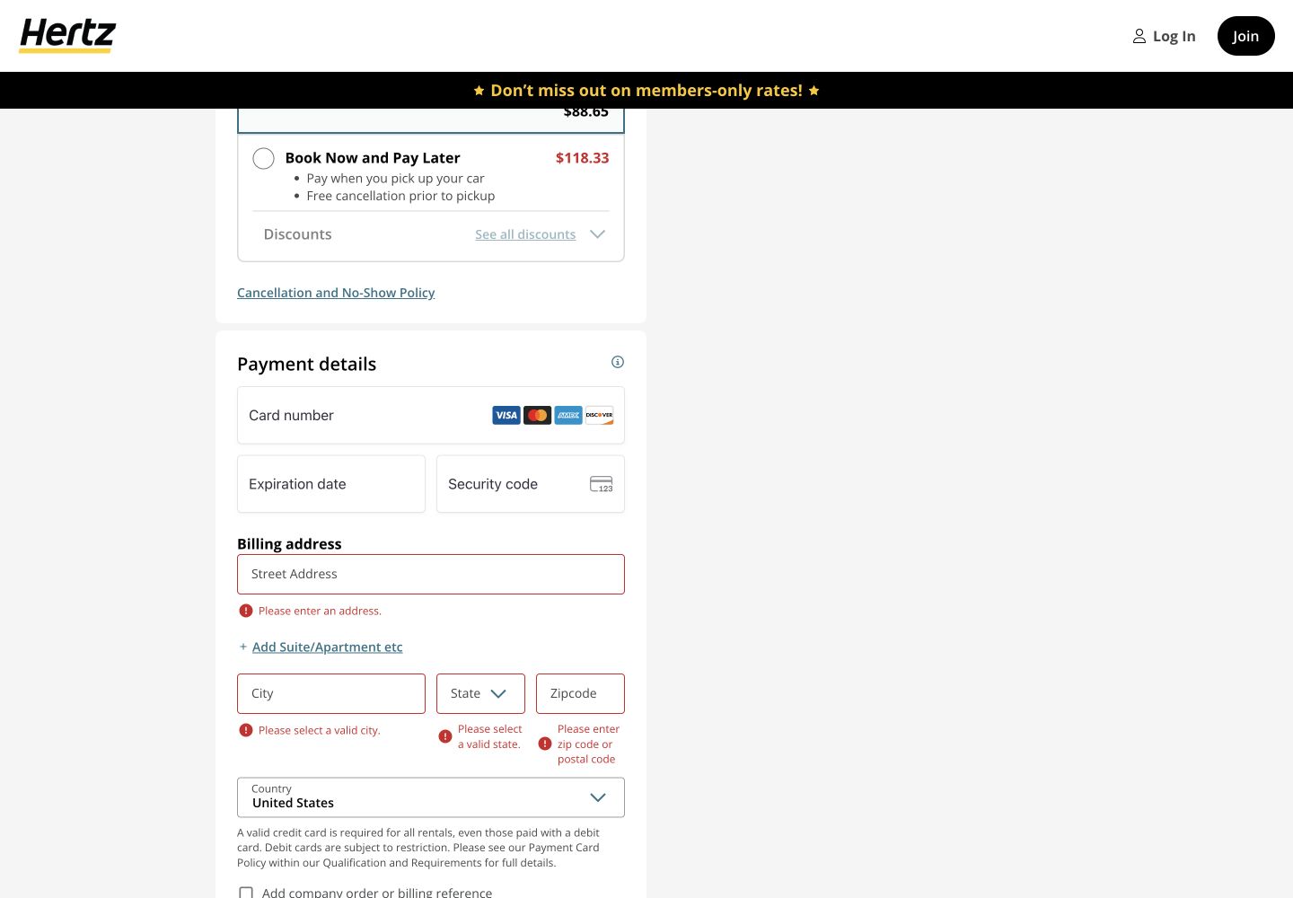 Hertz reservation form showing inline validation errors and the pay-now and pay-later totals