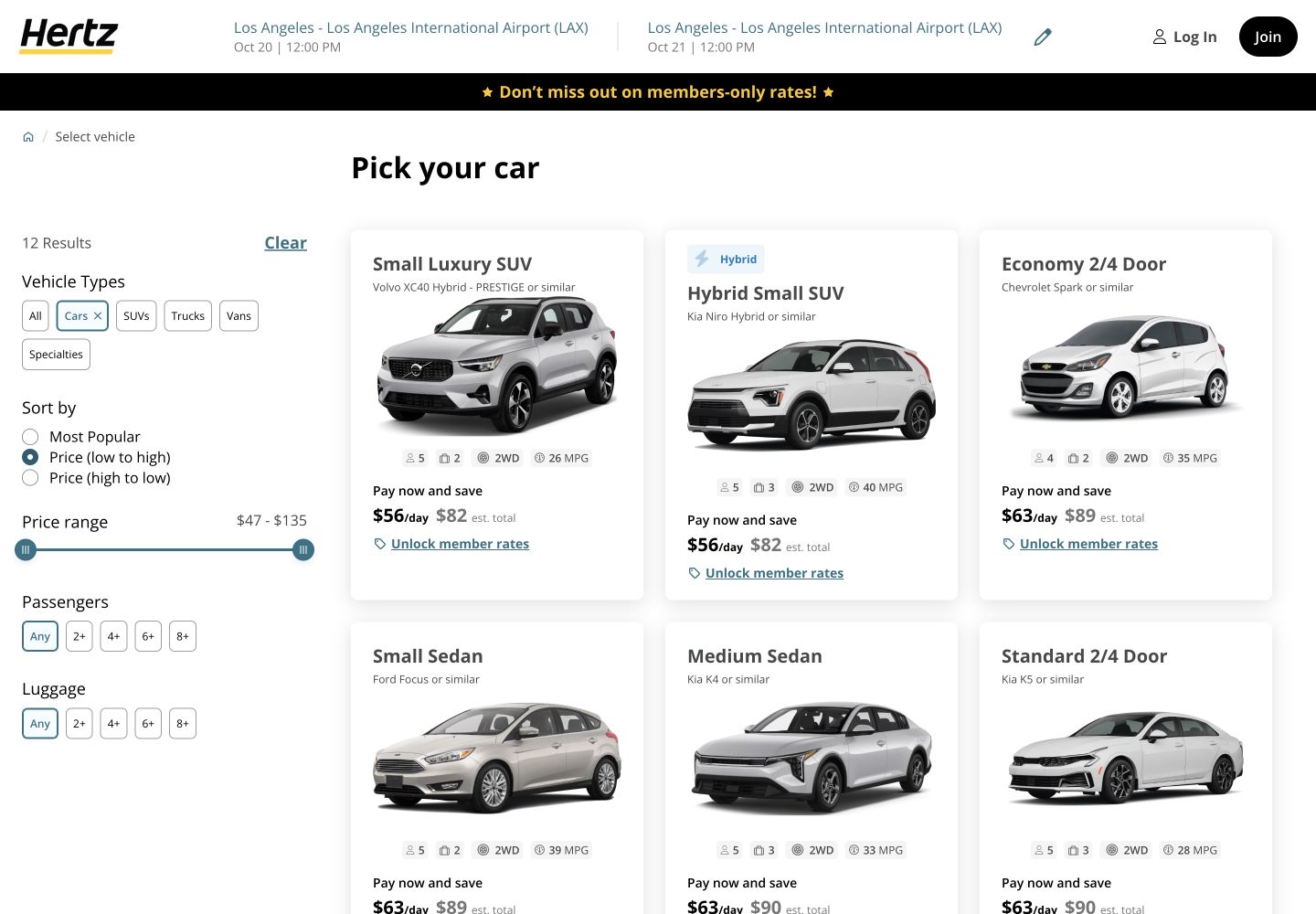 Hertz LAX vehicle results sorted by price with car filters and vehicle cards