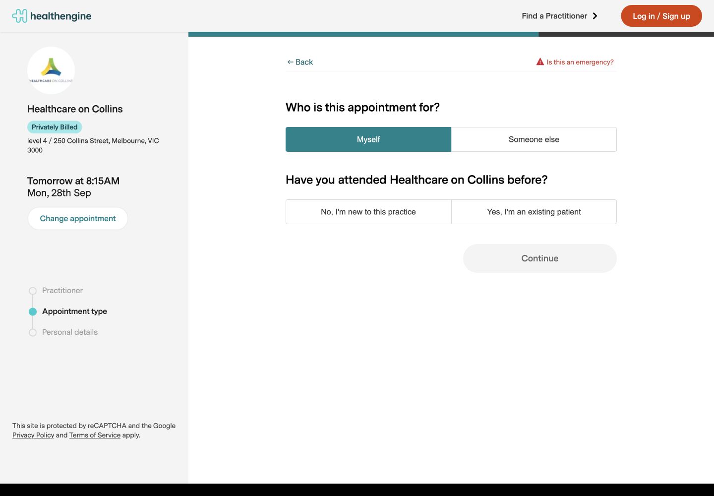Healthengine booking flow asking who the appointment is for and whether the patient is new