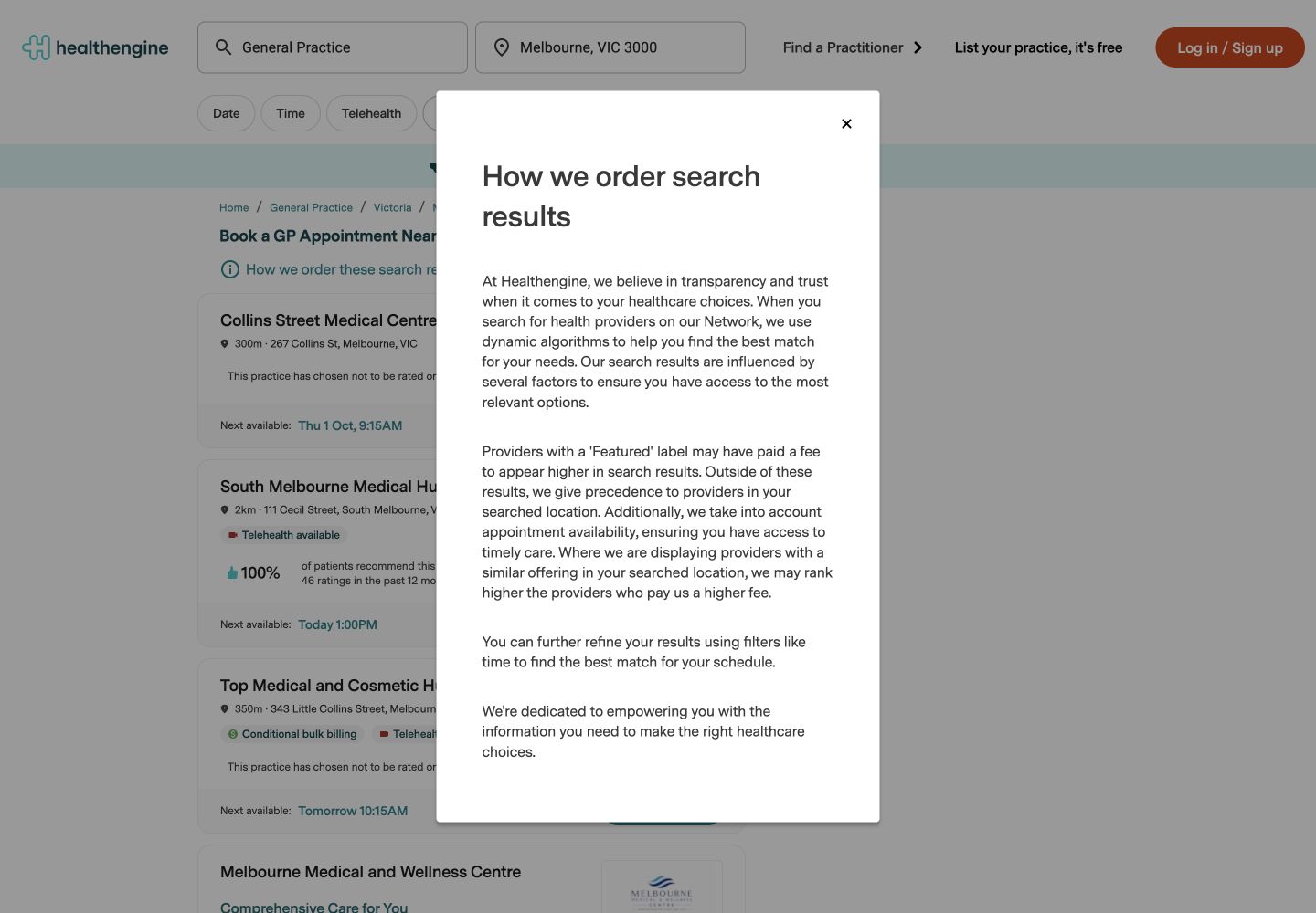 Healthengine modal explaining that Featured providers may pay to rank higher in search results