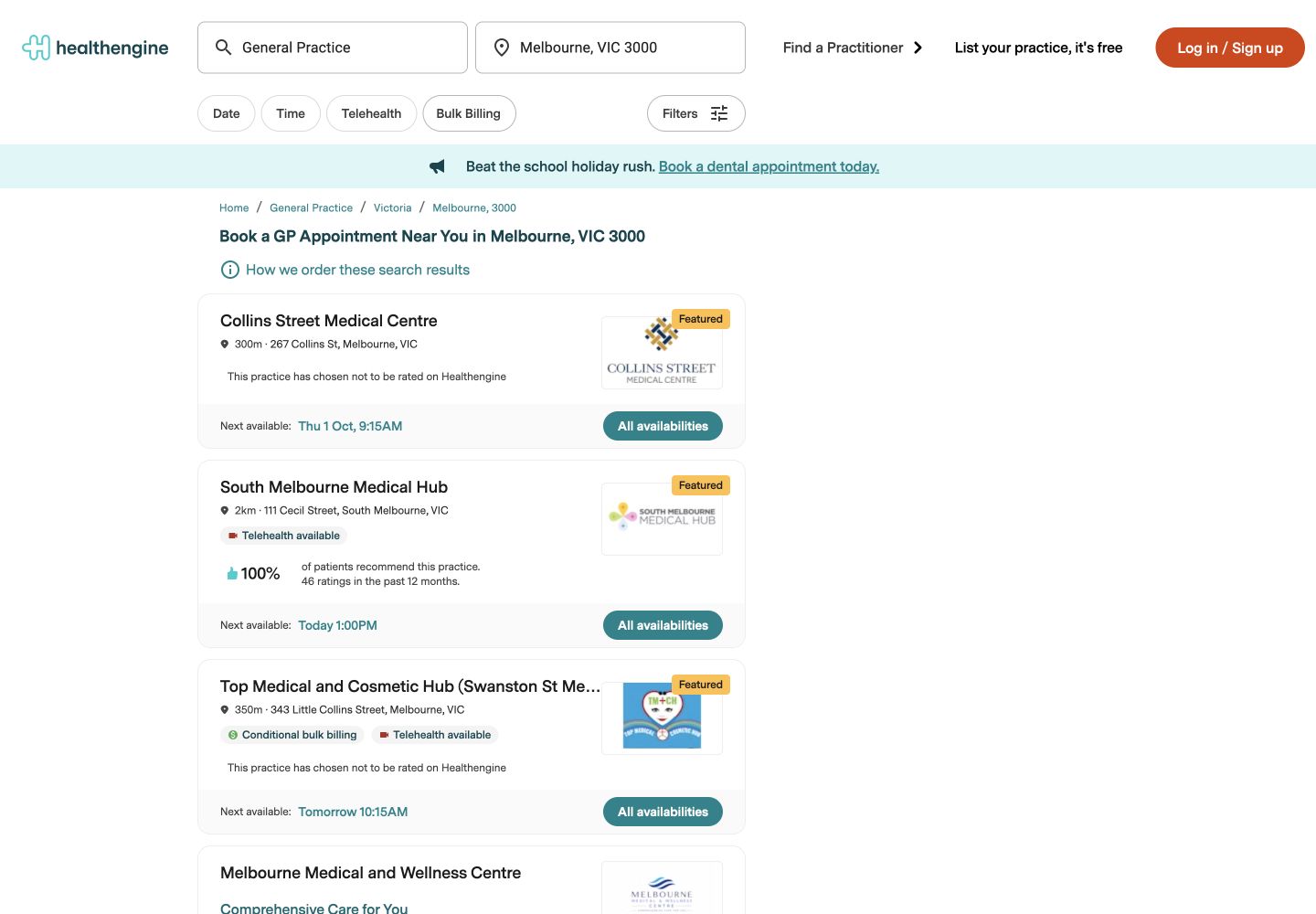 Healthengine Melbourne GP results with filters, Featured labels and one next appointment per card