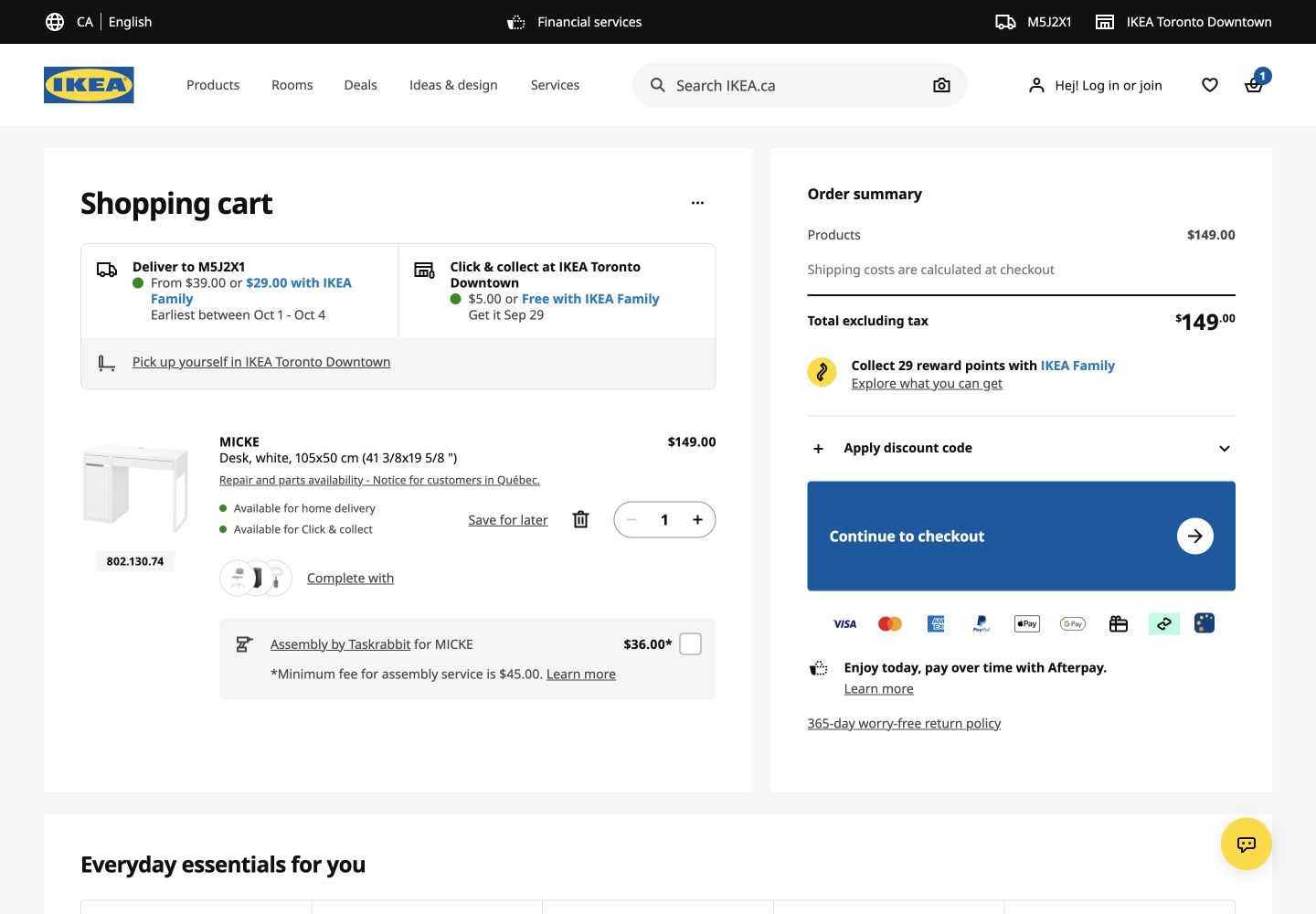 IKEA shopping cart showing the MICKE desk, delivery and click-and-collect prices and dates for postal code M5J 2X1