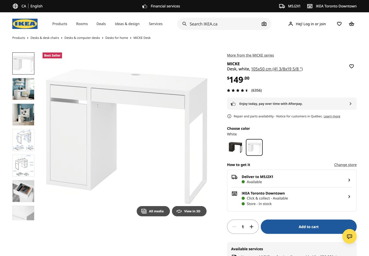 IKEA MICKE white desk product page showing C$149 price and delivery and Toronto Downtown stock availability