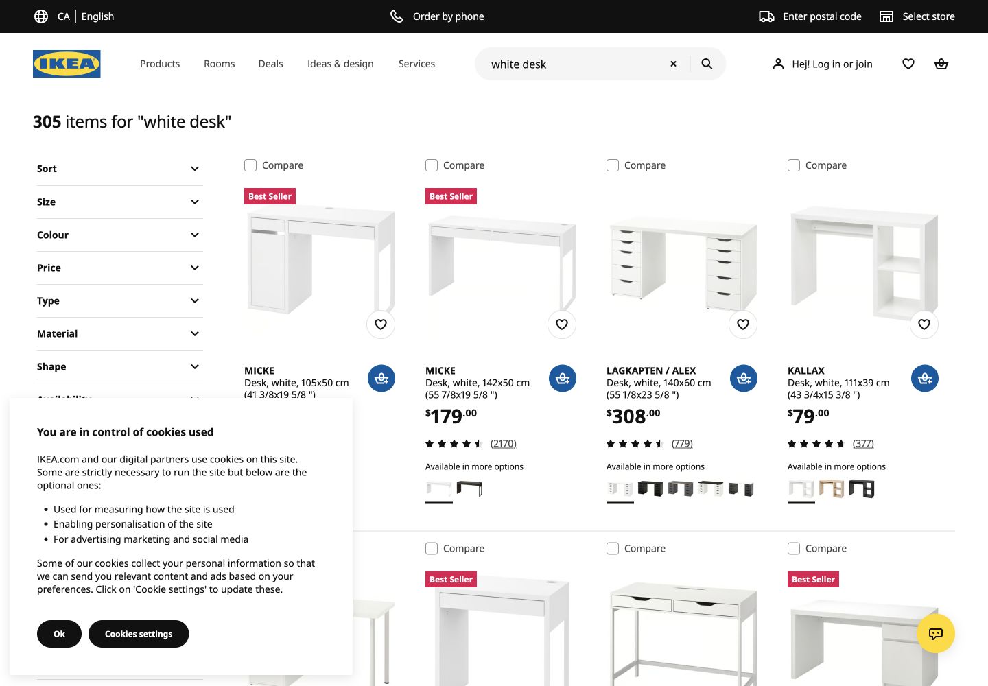 IKEA Canada search results for white desk showing MICKE desks with dimensions, prices, ratings and add-to-cart actions