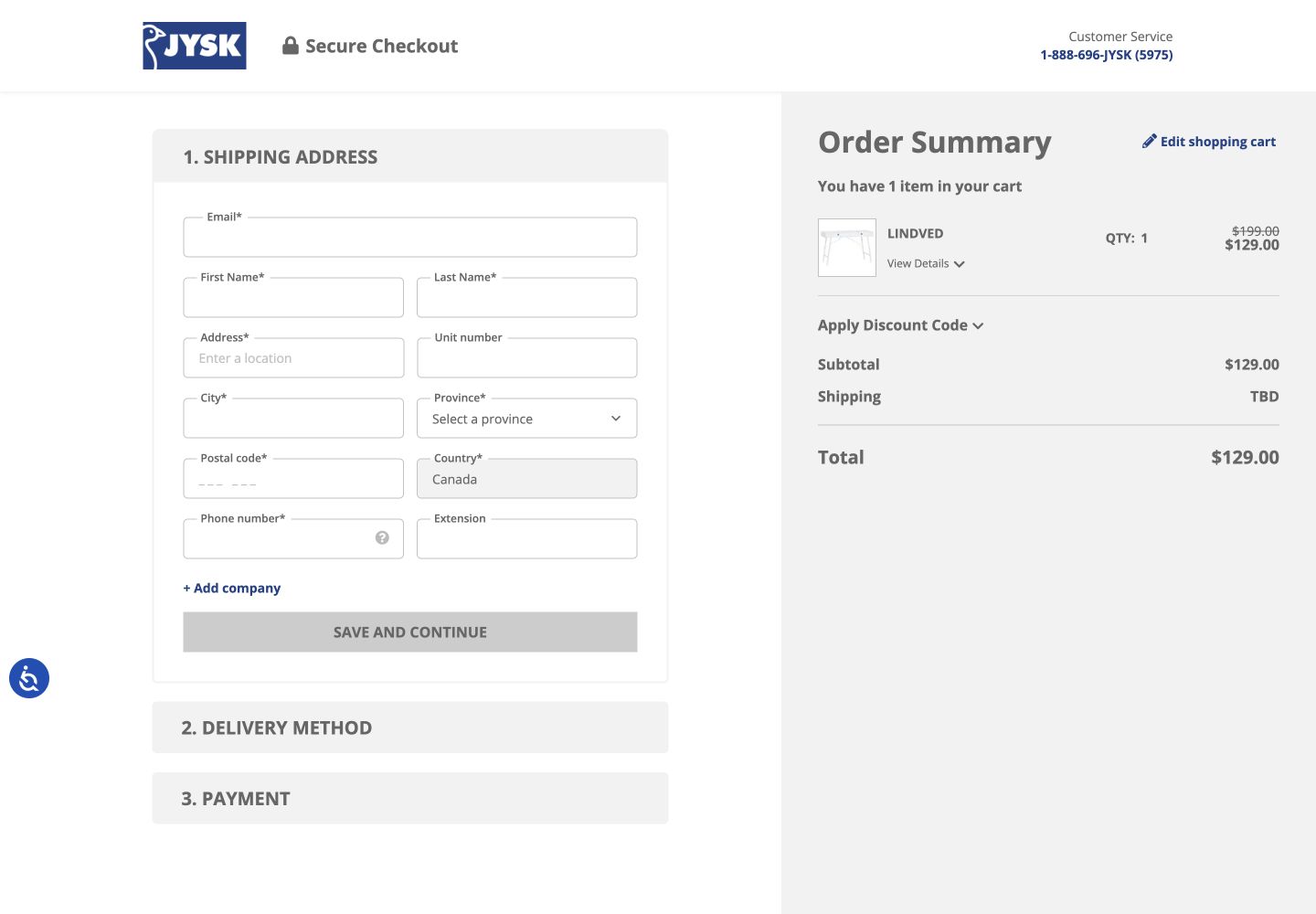 JYSK checkout showing shipping address fields, a C$129 subtotal and shipping marked TBD