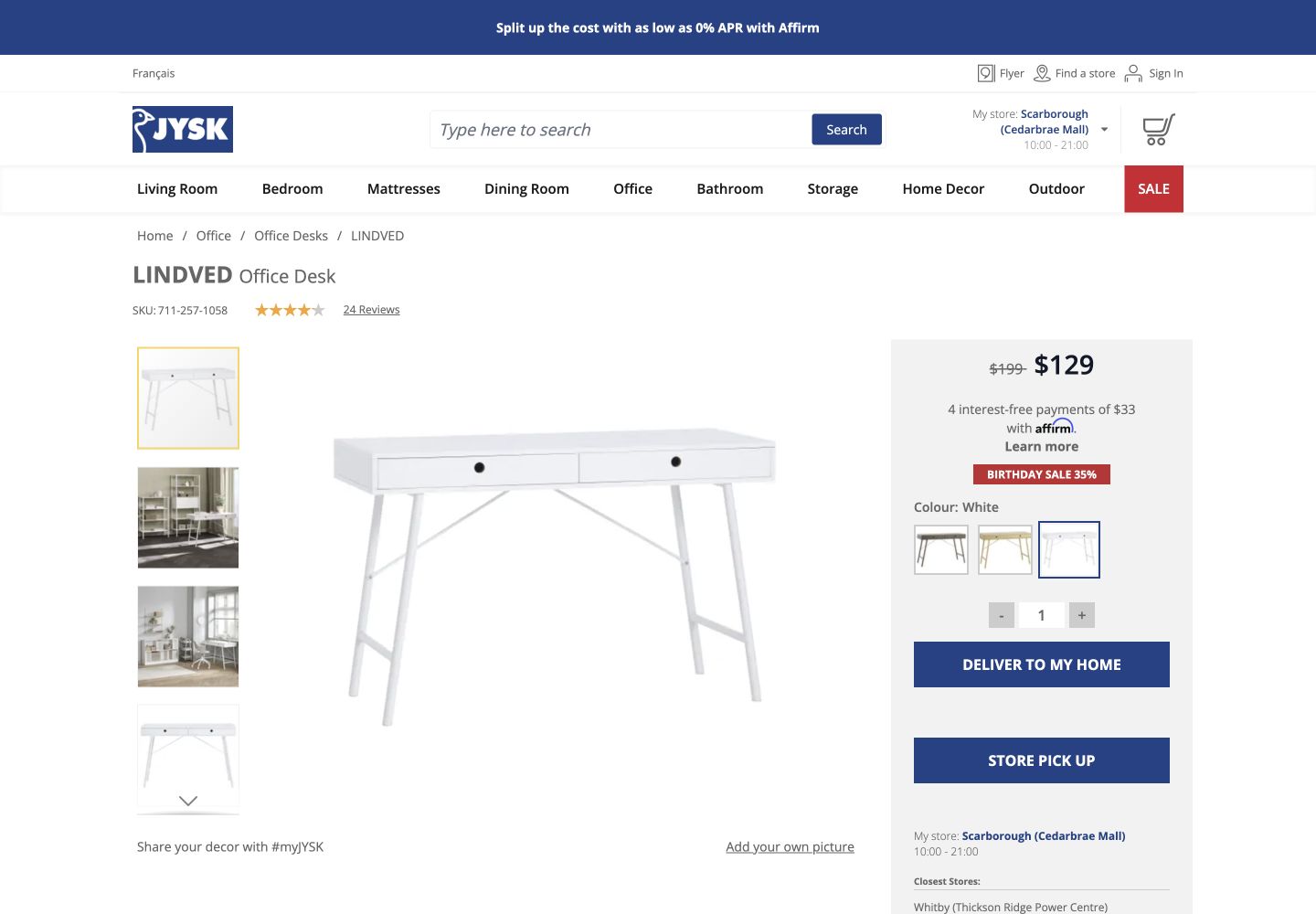 JYSK LINDVED white desk product page showing sale price, product imagery and delivery and store pickup choices