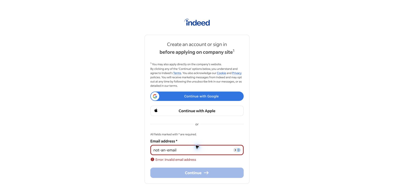 Indeed sign-in screen shown before applying on a company site, with an invalid email message and disabled Continue button