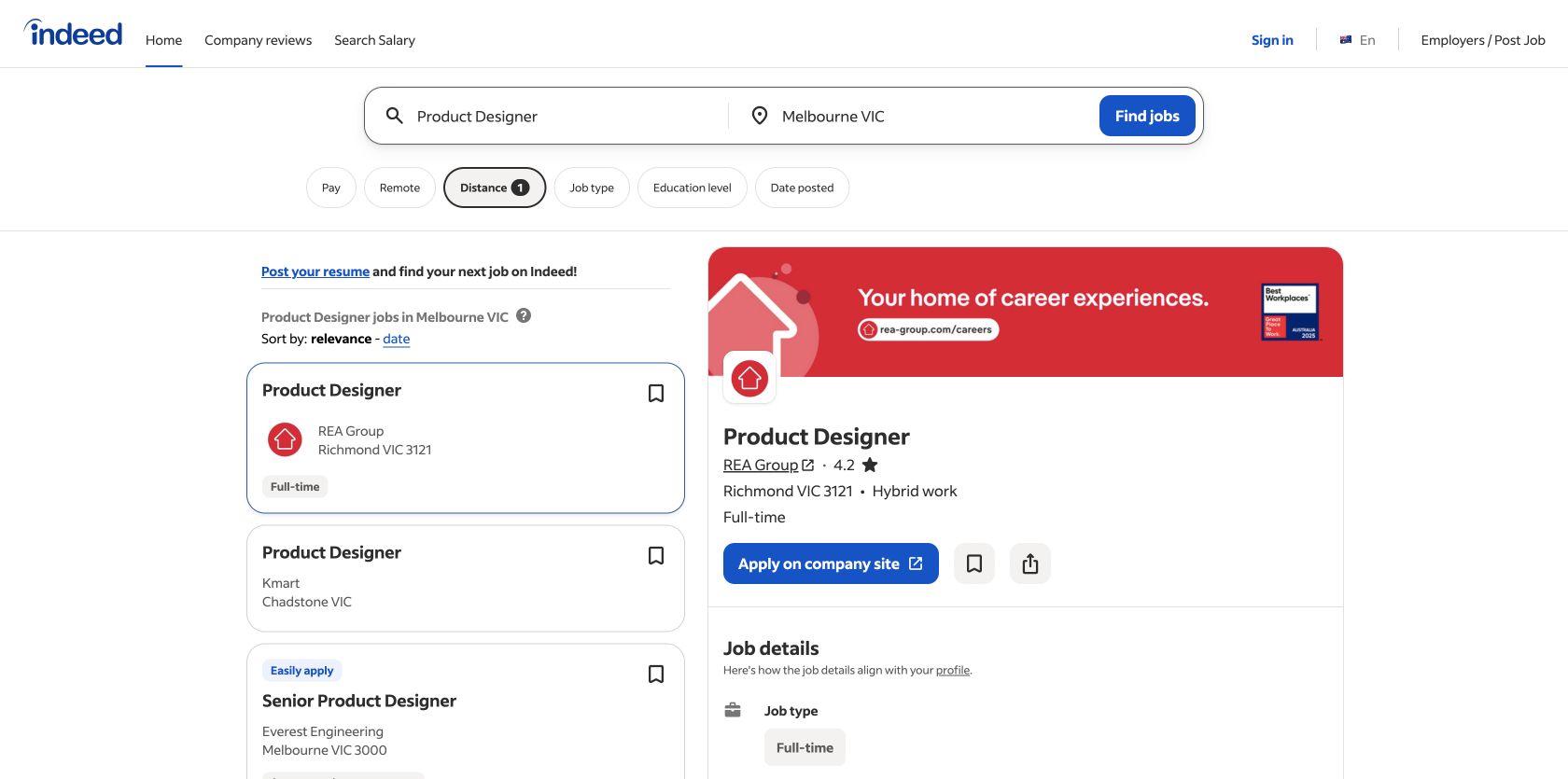 Indeed Product Designer results in Melbourne with an exact Product Designer role at REA Group open in a detail pane