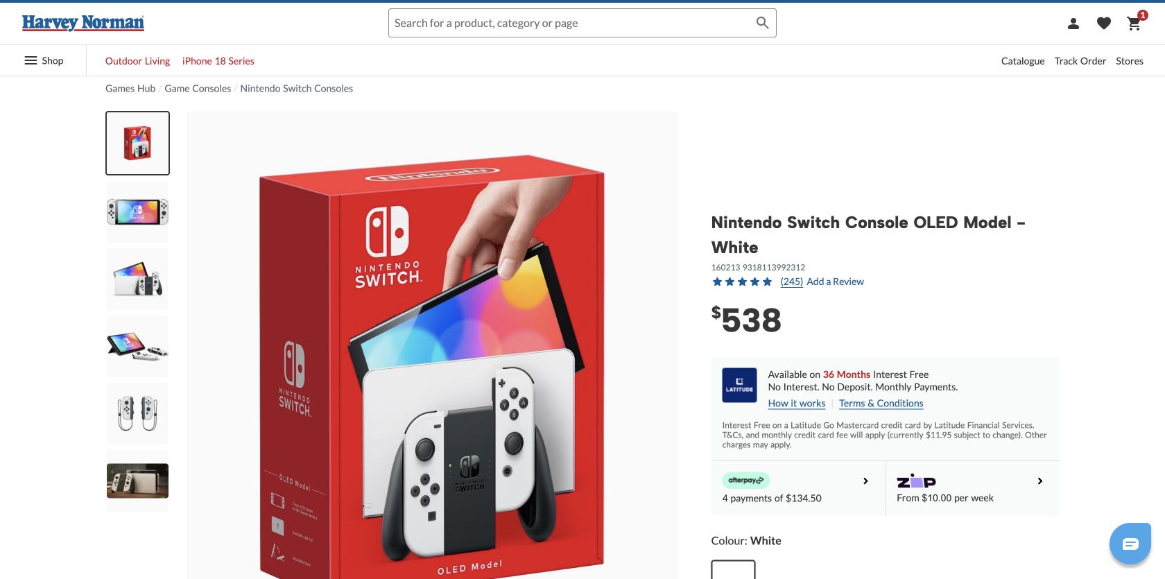 Harvey Norman product page showing the white Nintendo Switch OLED at $538