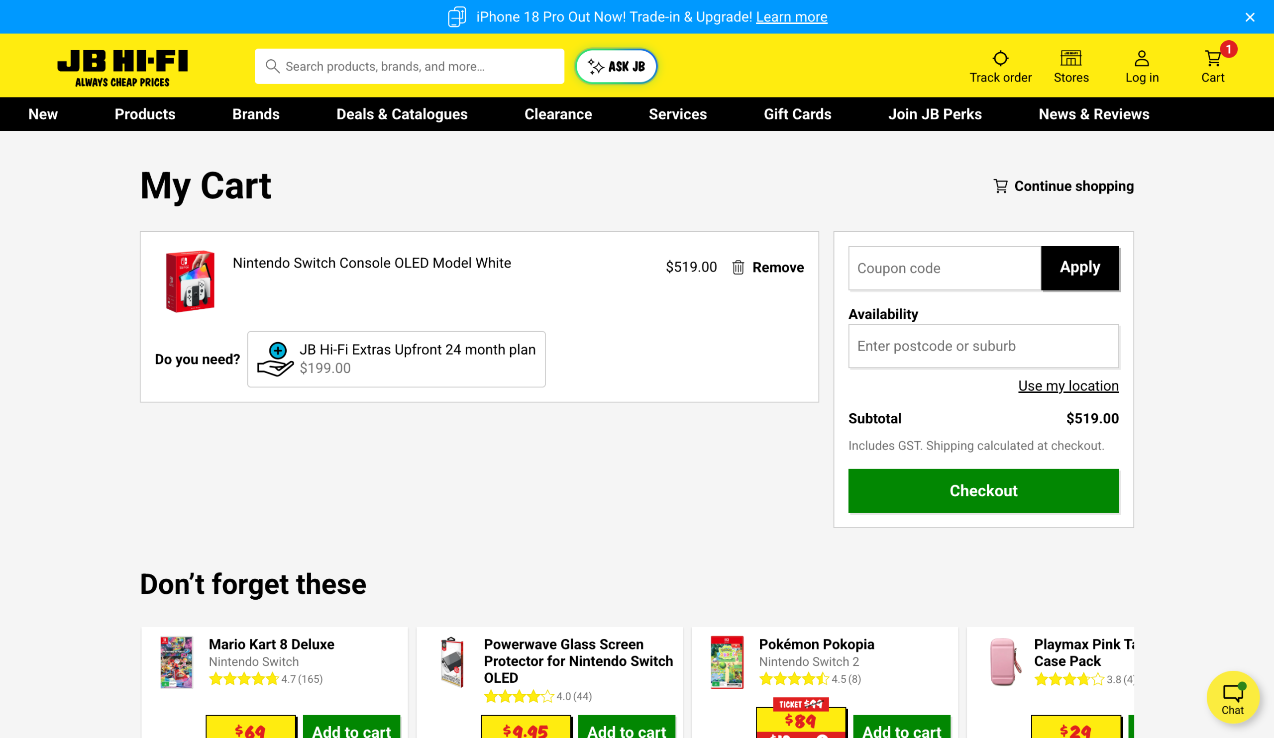 JB Hi‑Fi cart showing one Nintendo Switch OLED at a $519 subtotal with shipping calculated at checkout
