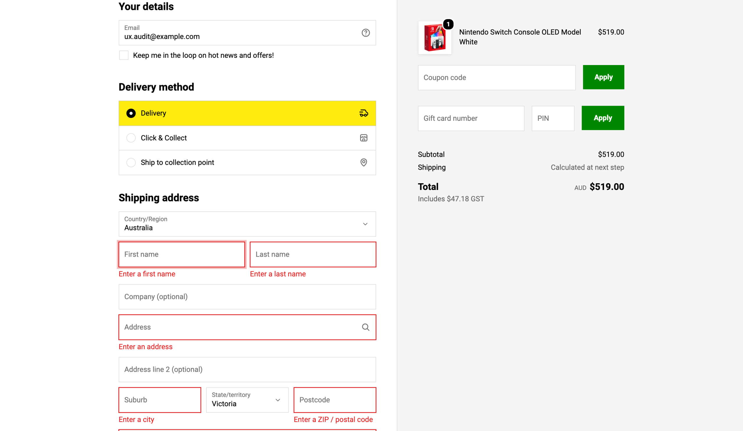 JB Hi‑Fi checkout showing specific required-field errors and the Nintendo Switch order summary