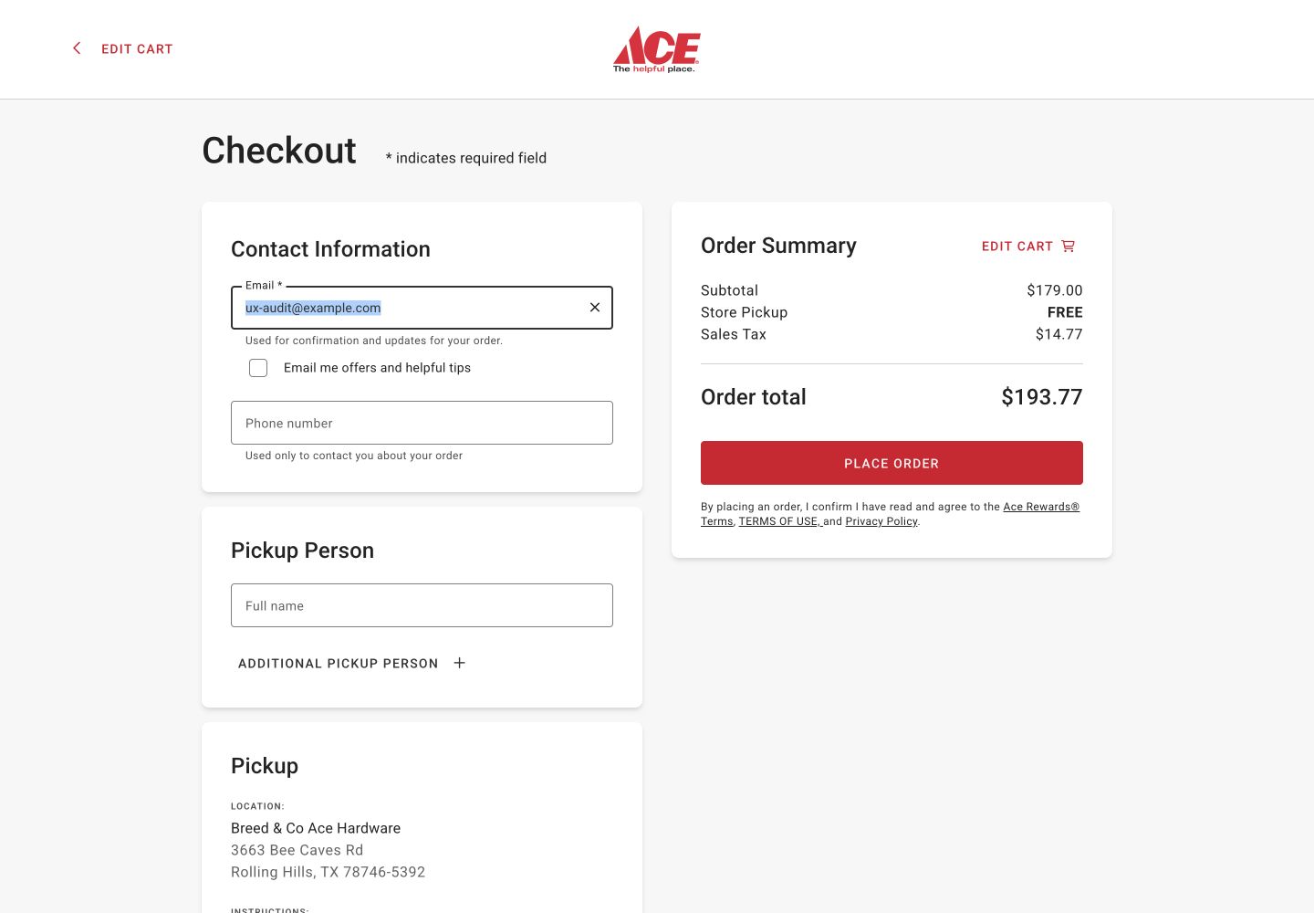 Ace Hardware guest checkout showing contact information, pickup location and a $193.77 order total