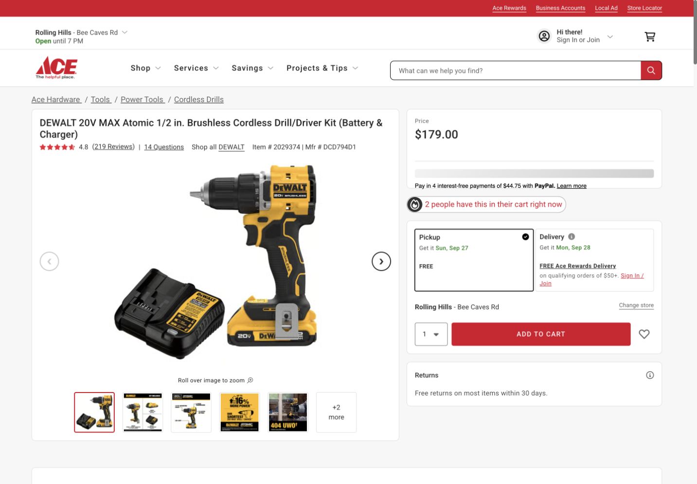 Ace Hardware product page for a DeWalt brushless cordless drill kit showing the battery, charger, price and Rolling Hills pickup store