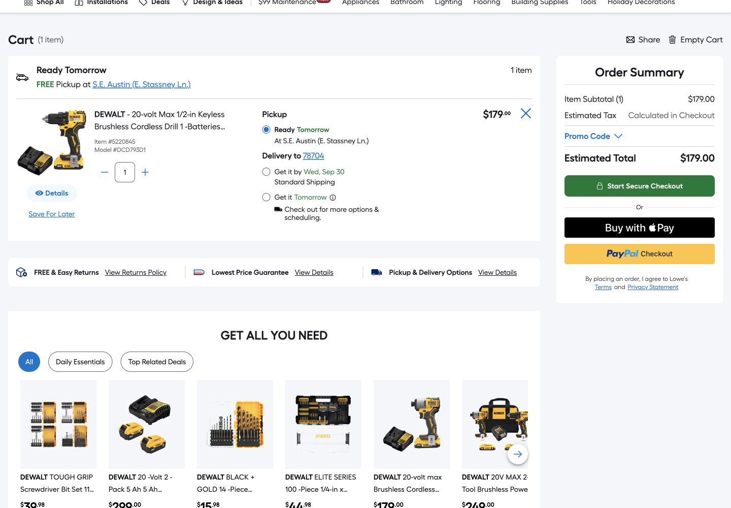 Lowe’s cart showing a DeWalt drill kit ready for free pickup at the S.E. Austin E. Stassney Lane store