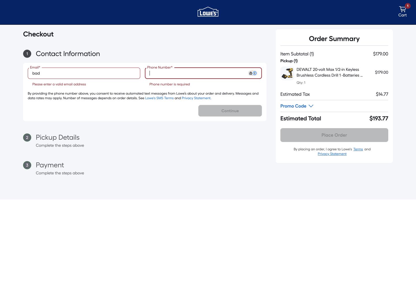 Lowe’s checkout showing a specific invalid-email message and a $193.77 estimated total