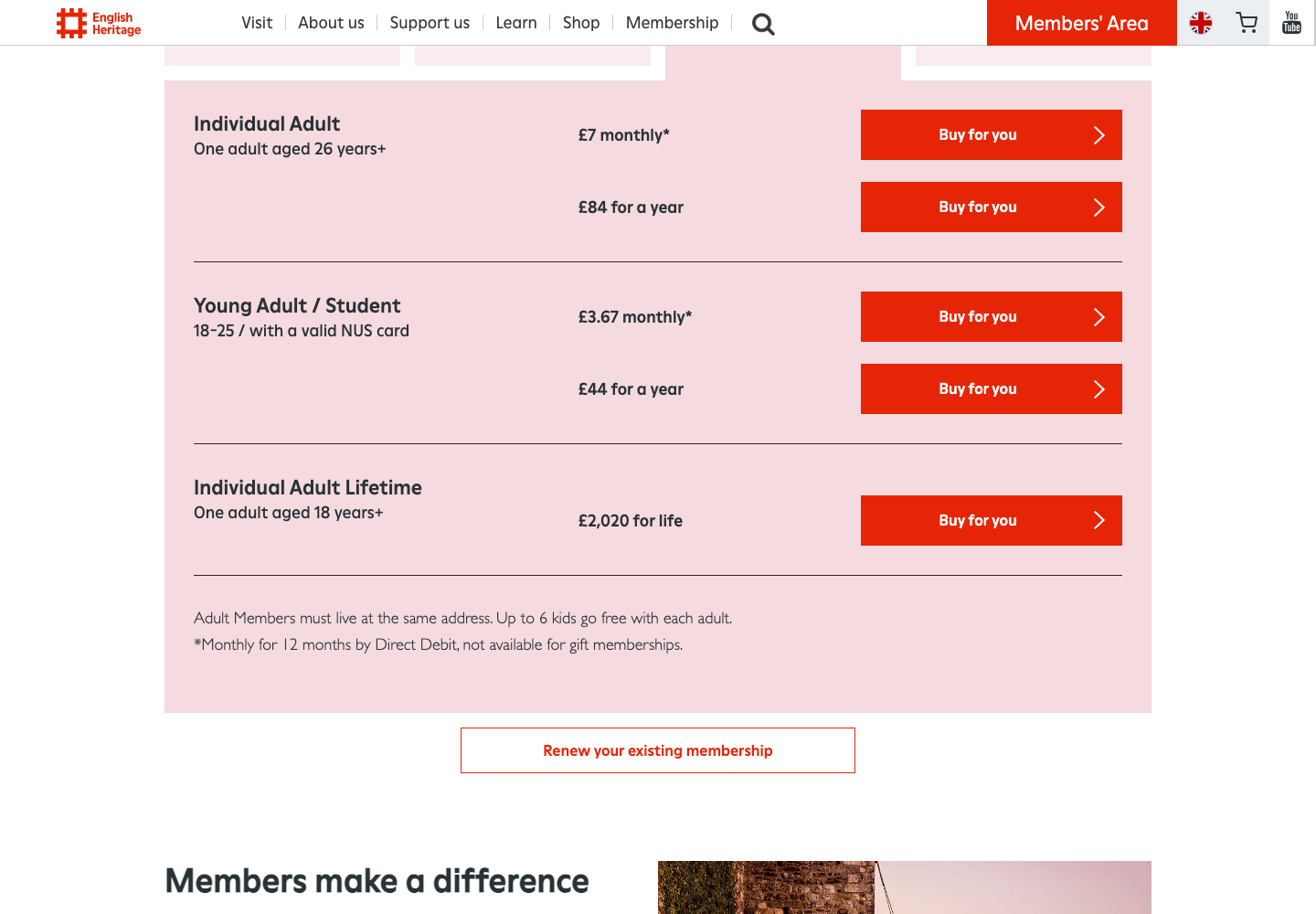 English Heritage individual membership panel showing £7 monthly and £84 annual options with repeated Buy for you buttons