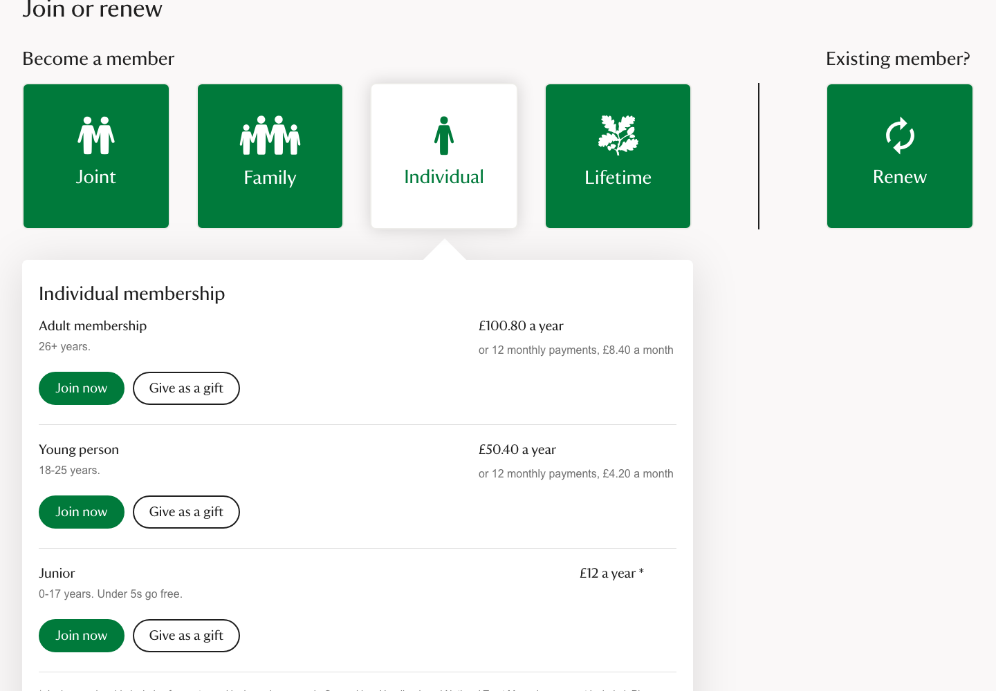 National Trust individual membership options showing adult, young-person and junior annual and monthly prices