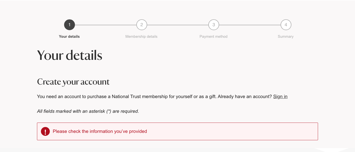 National Trust first checkout step showing a general Please check the information you have provided error