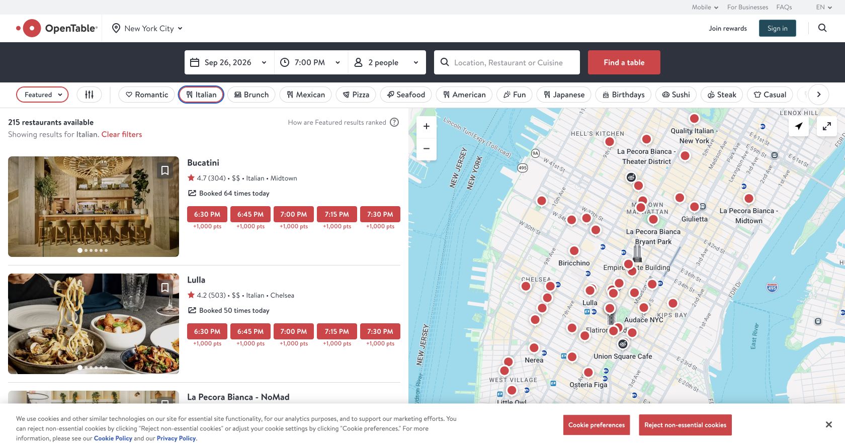 OpenTable Manhattan search results after applying the Italian filter, with restaurant cards and adjacent reservation times