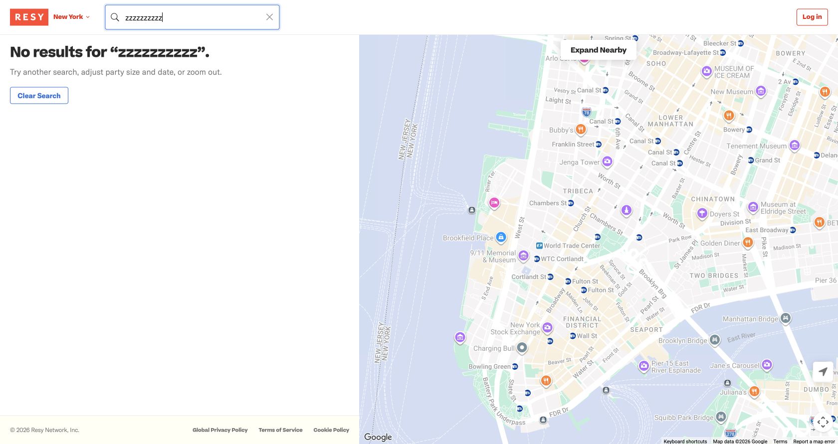 Resy no-results state with an explanation, suggestions and a Clear Search action
