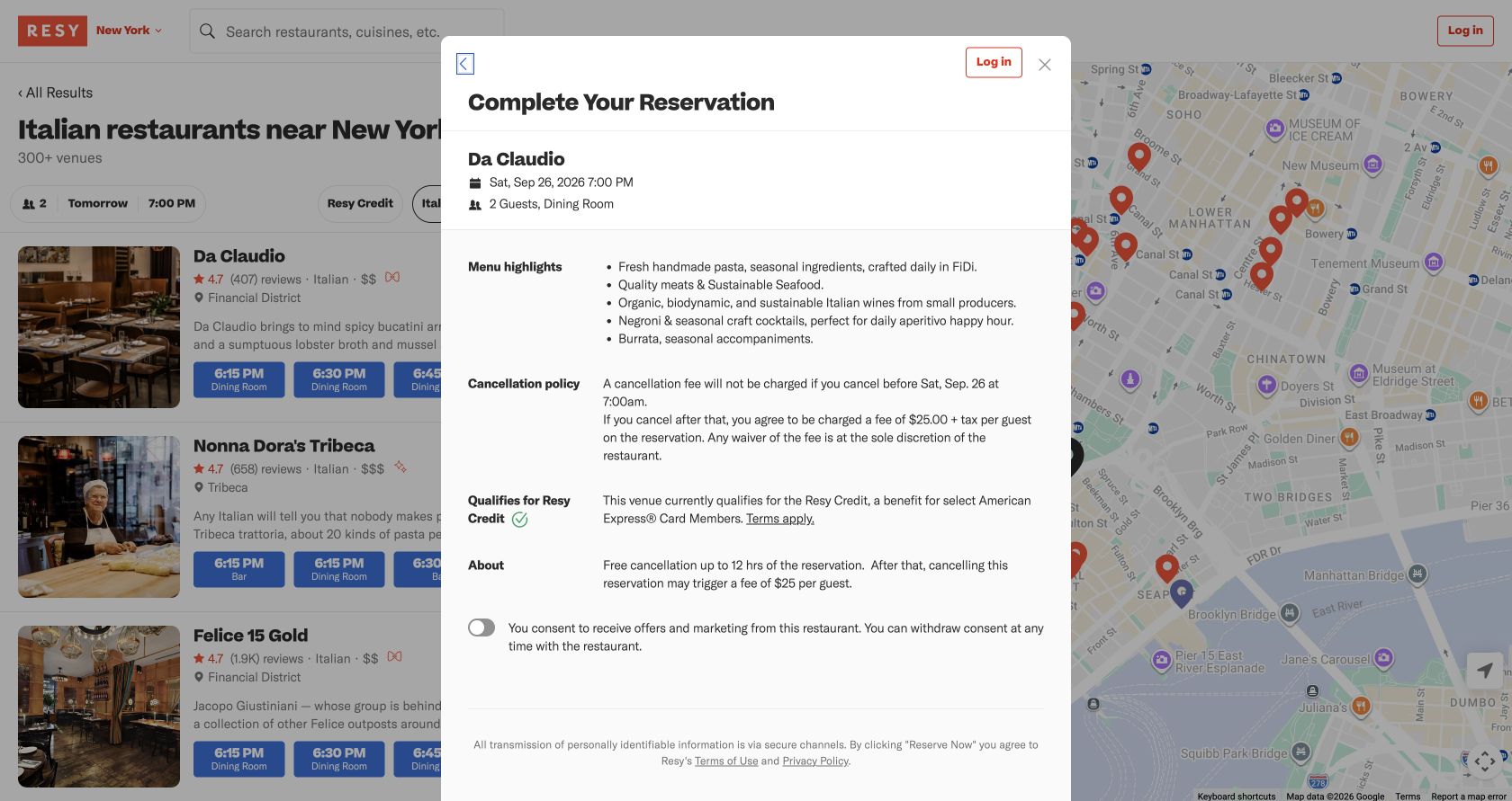 Resy final reservation modal for Da Claudio showing dining-room seating and the cancellation policy above Reserve Now