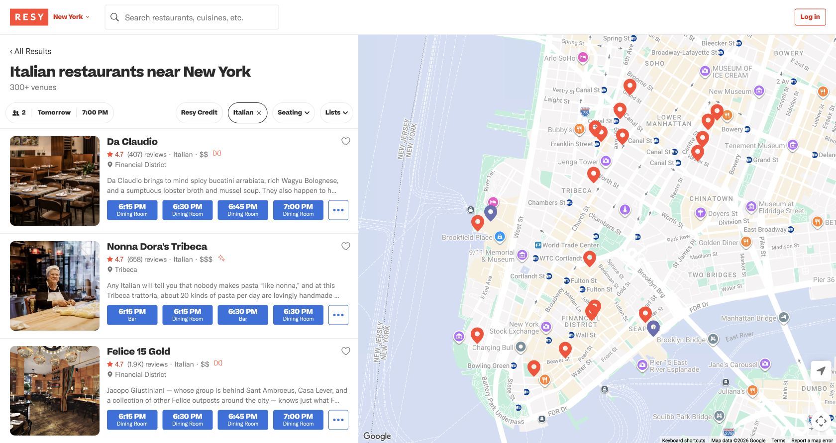 Resy New York Italian search results showing venue descriptions, neighbourhoods, collection labels and reservation times
