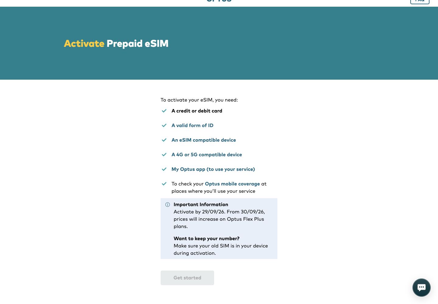 Optus Activate Prepaid eSIM page with requirements visible and Get started disabled after it was clicked
