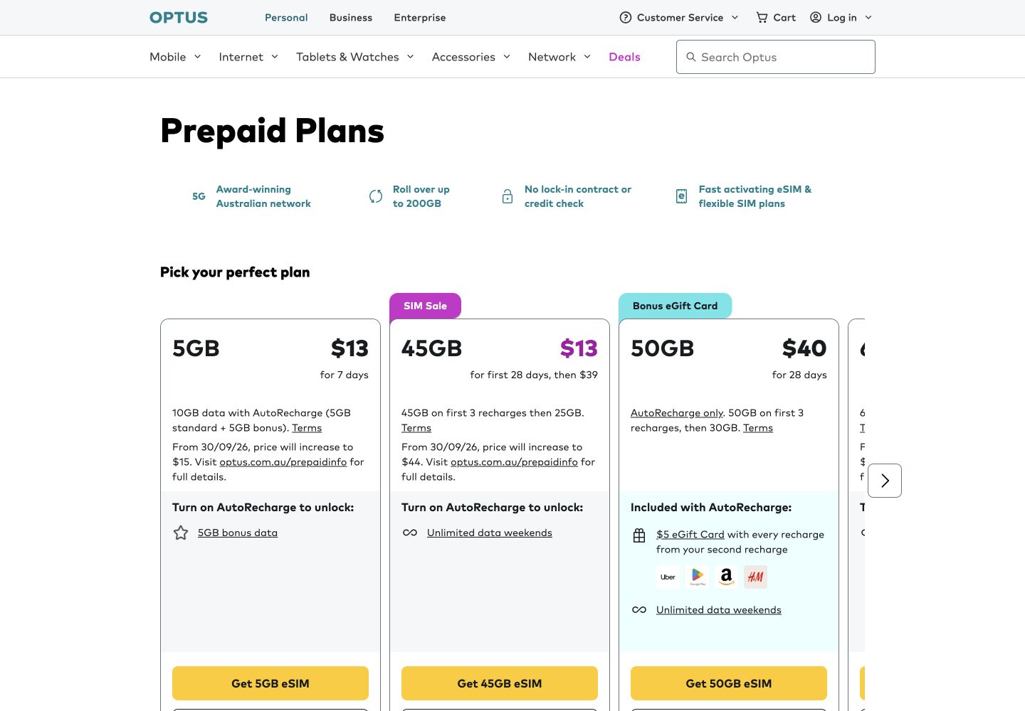 Optus prepaid plan cards showing promotional prices, ongoing prices and changing data allowances