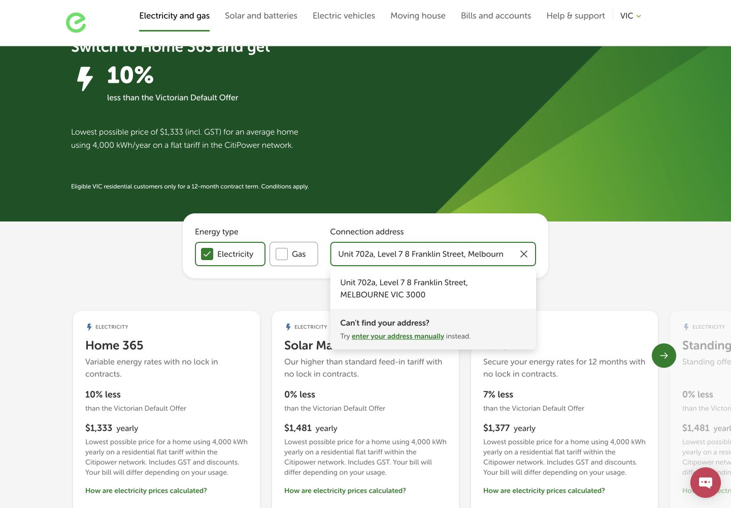 EnergyAustralia connection-address search showing zero options for the entered Melbourne apartment address