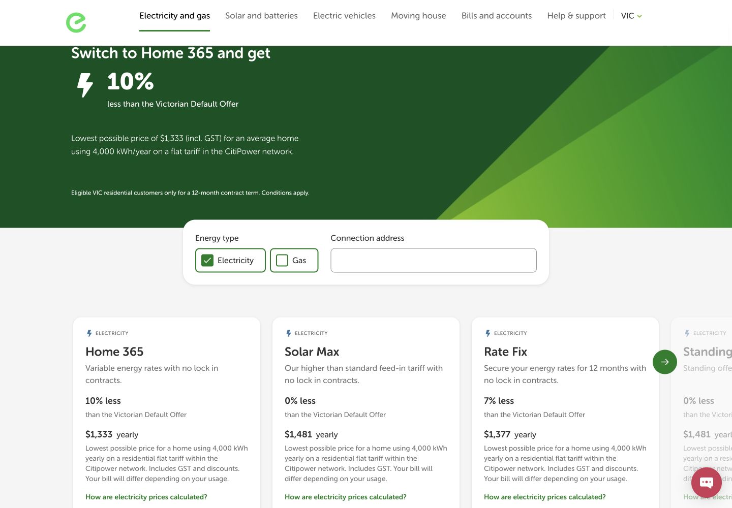 EnergyAustralia postcode-level electricity plans showing Home 365, Solar Max, Rate Fix and Standing Offer annual estimates